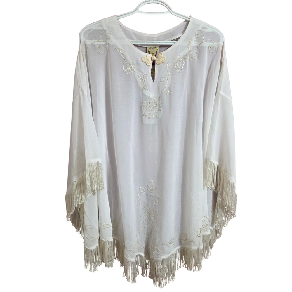 Antthony Women One Size Poncho White Embroidered Fringed Sheer Boho Cover Up